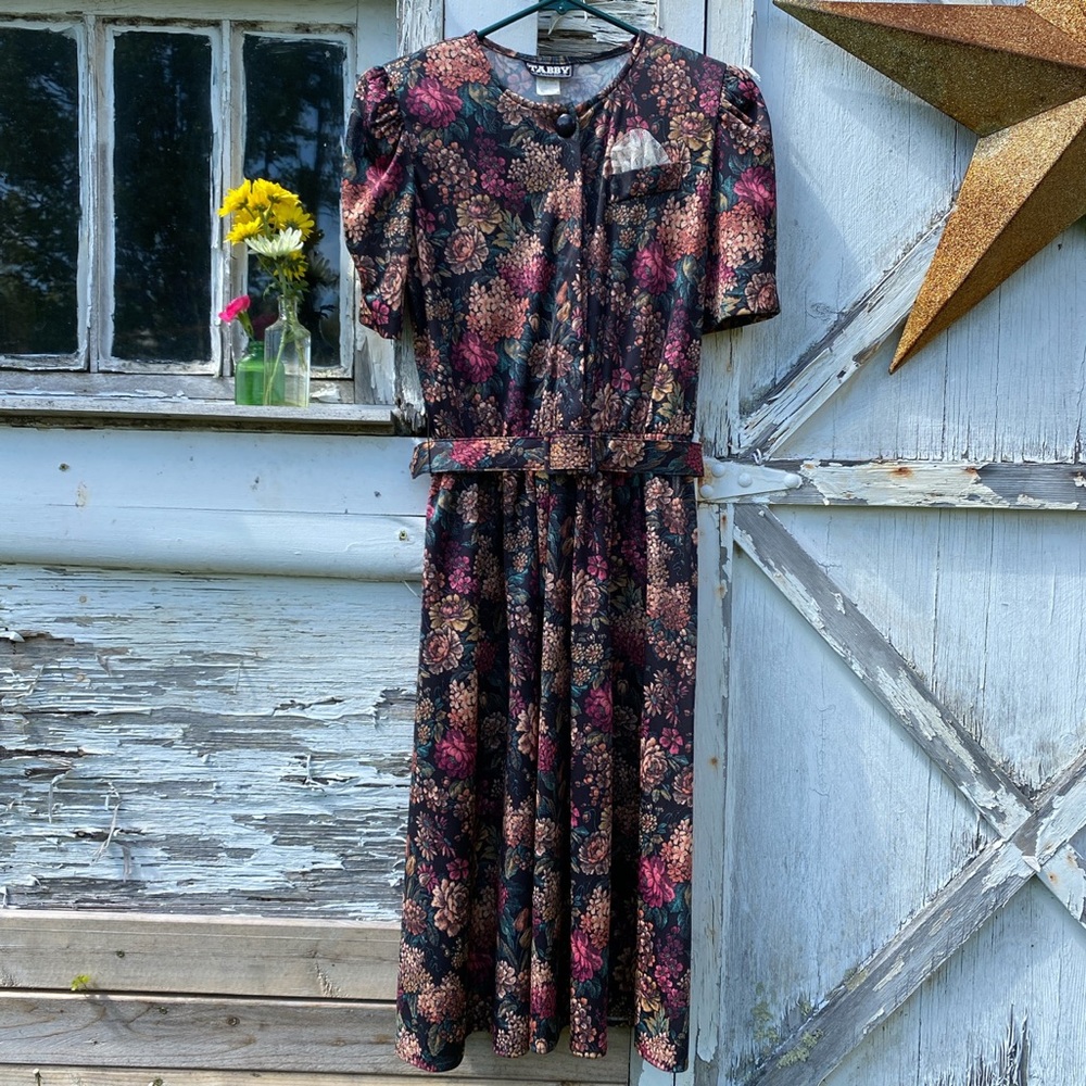 vtg 70s dark autumn floral dress w/ matching belt